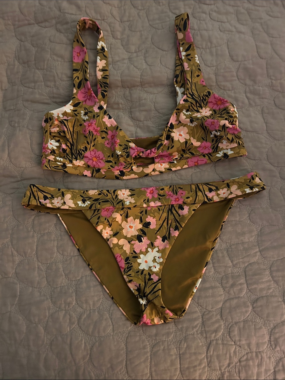 Tori Praver Olive Floral Bikini with Pink and White Flowers